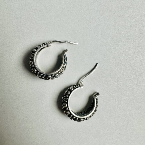 Vintage 925 Sterling Silver Earrings Hoop Floral Ornament Filigree - Picture 5 of 5